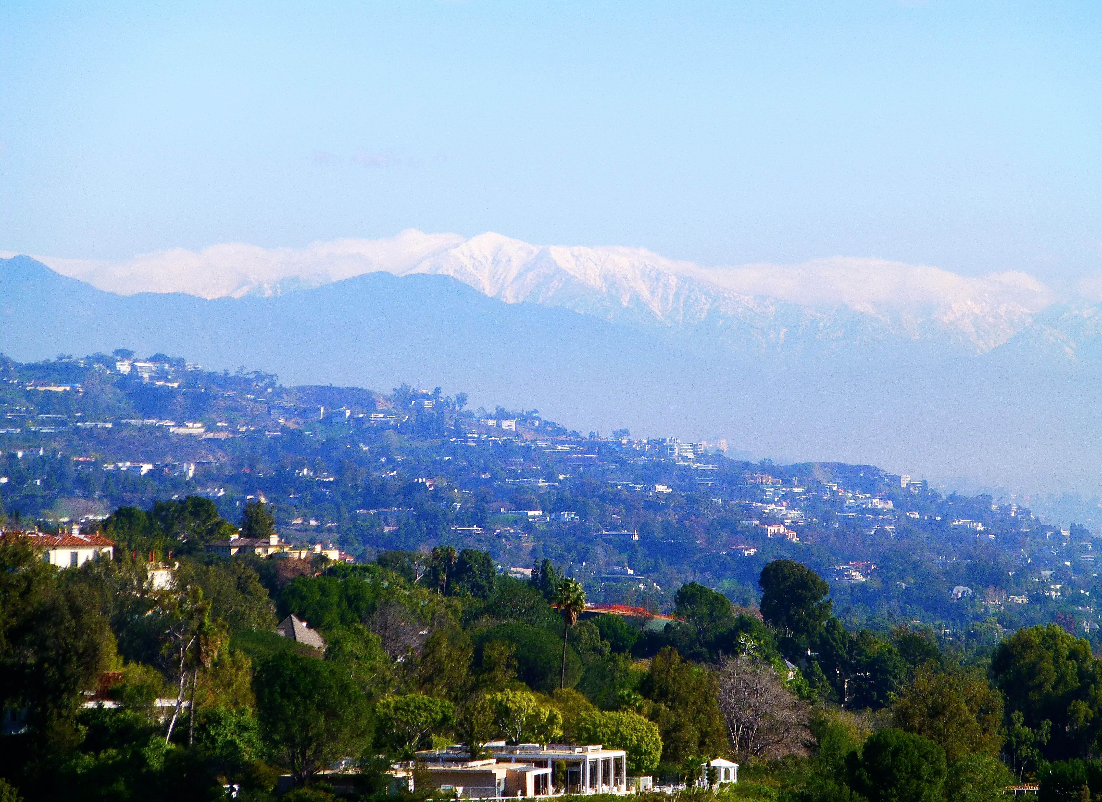 View of snow in the distance from the Getty